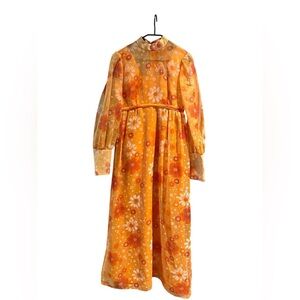 Vintage 70s Boho Maxi Dress Orange Floral Daisy Print Long Sleeve Cottagecore